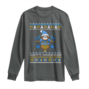Happy Hanukkah Ugly Sweater Long Sleeve Shirt Funny Sloth Carrying Menorah Jewish Gift TS12 Dark Heather Print Your Wear