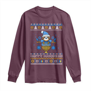 Happy Hanukkah Ugly Sweater Long Sleeve Shirt Funny Sloth Carrying Menorah Jewish Gift TS12 Maroon Print Your Wear