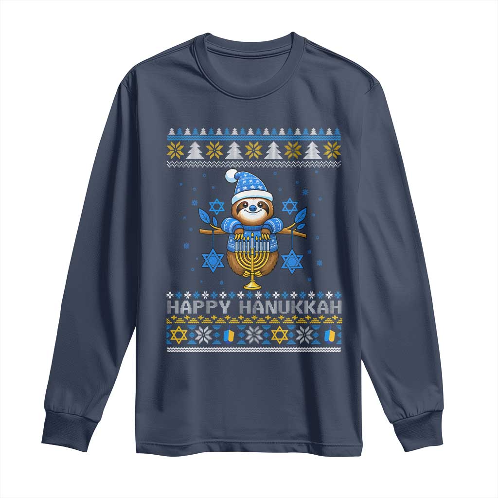Happy Hanukkah Ugly Sweater Long Sleeve Shirt Funny Sloth Carrying Menorah Jewish Gift TS12 Navy Print Your Wear