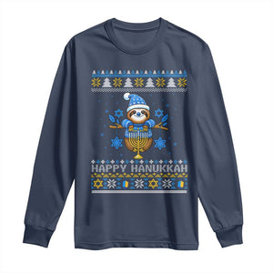 Happy Hanukkah Ugly Sweater Long Sleeve Shirt Funny Sloth Carrying Menorah Jewish Gift TS12 Navy Print Your Wear