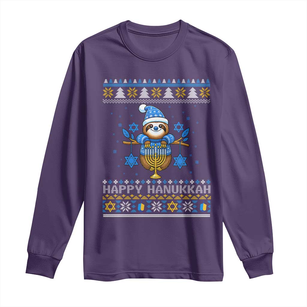 Happy Hanukkah Ugly Sweater Long Sleeve Shirt Funny Sloth Carrying Menorah Jewish Gift TS12 Purple Print Your Wear