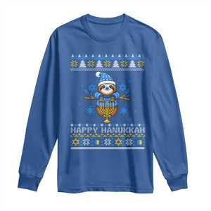 Happy Hanukkah Ugly Sweater Long Sleeve Shirt Funny Sloth Carrying Menorah Jewish Gift TS12 Royal Blue Print Your Wear