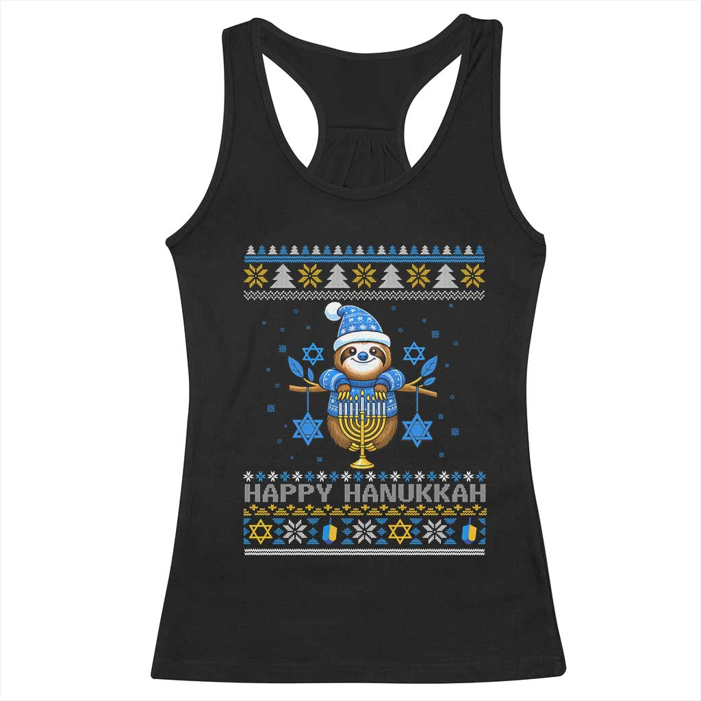 Happy Hanukkah Ugly Sweater Racerback Tank Top Funny Sloth Carrying Menorah Jewish Gift TS12 Black Print Your Wear