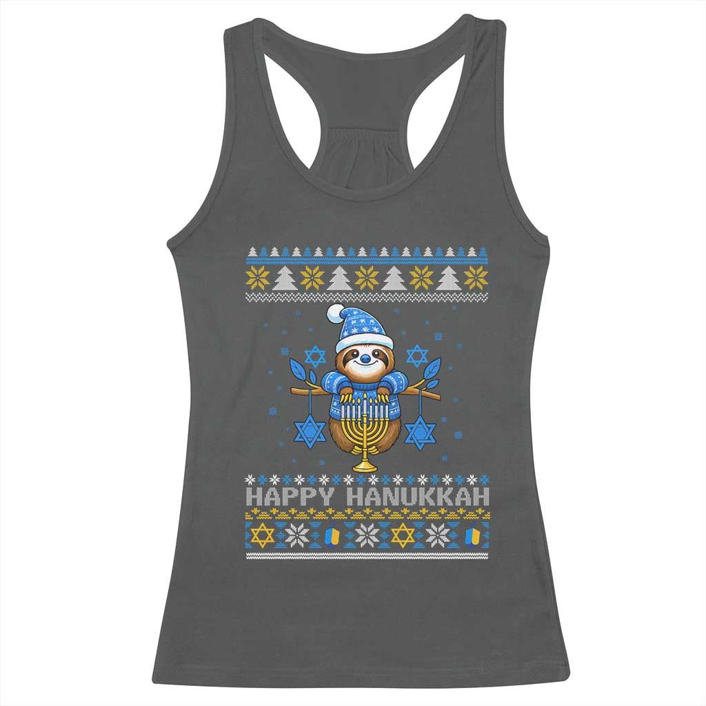 Happy Hanukkah Ugly Sweater Racerback Tank Top Funny Sloth Carrying Menorah Jewish Gift TS12 Dark Heather Print Your Wear