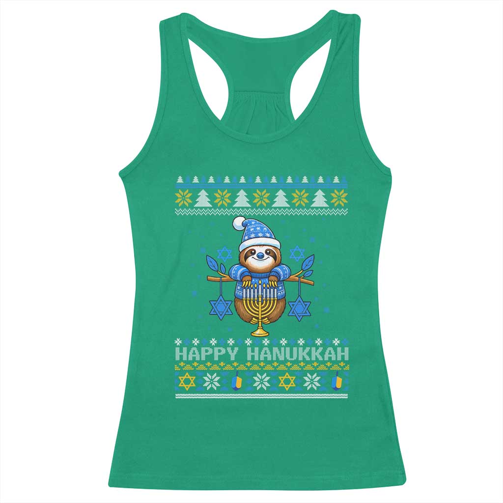 Happy Hanukkah Ugly Sweater Racerback Tank Top Funny Sloth Carrying Menorah Jewish Gift TS12 Irish Green Print Your Wear