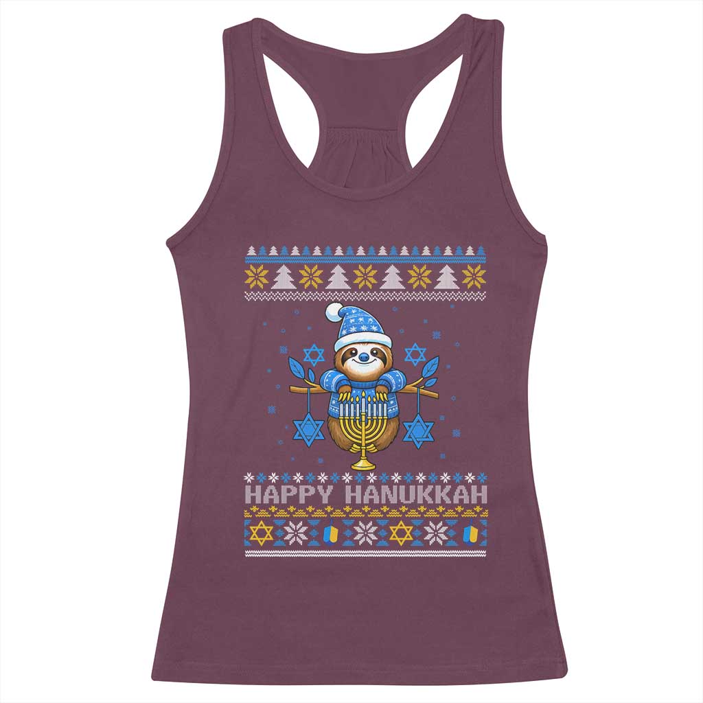 Happy Hanukkah Ugly Sweater Racerback Tank Top Funny Sloth Carrying Menorah Jewish Gift TS12 Maroon Print Your Wear