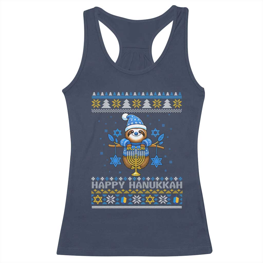 Happy Hanukkah Ugly Sweater Racerback Tank Top Funny Sloth Carrying Menorah Jewish Gift TS12 Navy Print Your Wear