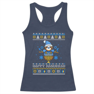 Happy Hanukkah Ugly Sweater Racerback Tank Top Funny Sloth Carrying Menorah Jewish Gift TS12 Navy Print Your Wear