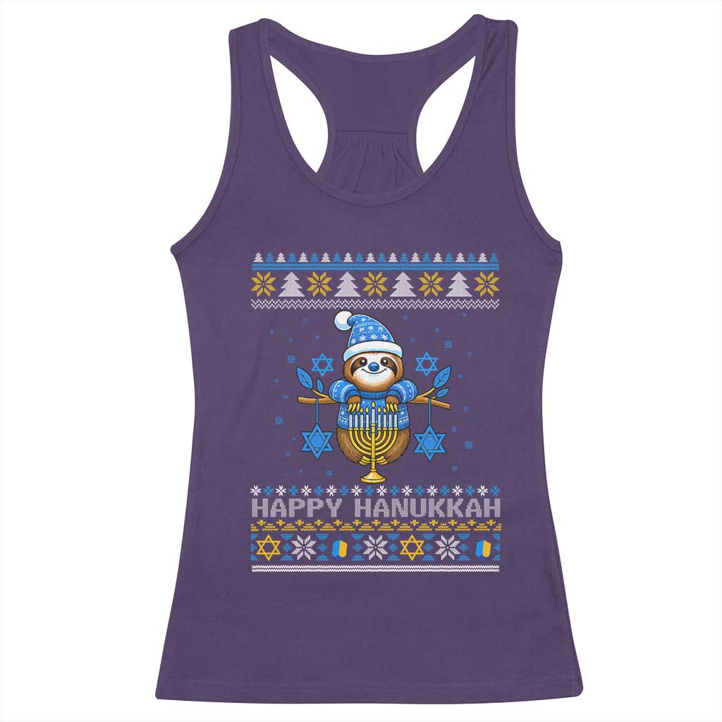 Happy Hanukkah Ugly Sweater Racerback Tank Top Funny Sloth Carrying Menorah Jewish Gift TS12 Purple Print Your Wear