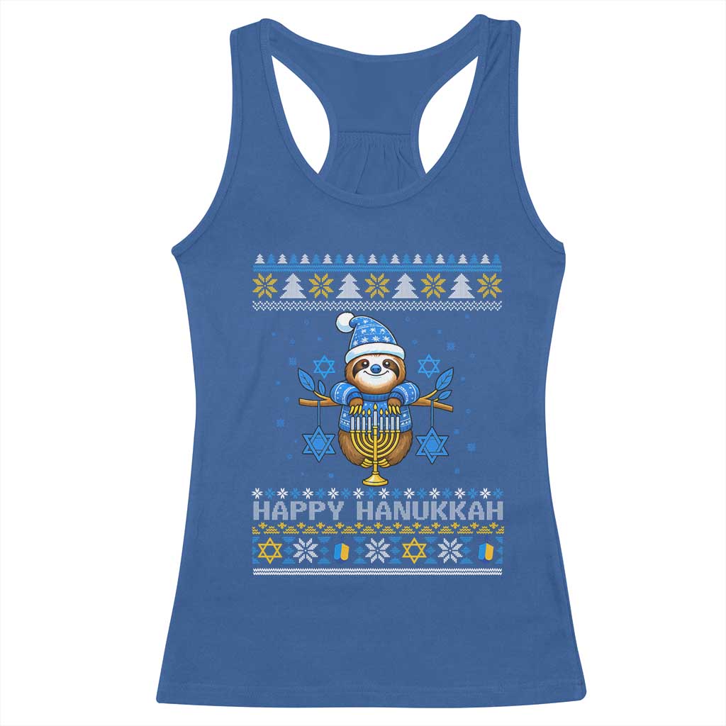 Happy Hanukkah Ugly Sweater Racerback Tank Top Funny Sloth Carrying Menorah Jewish Gift TS12 Royal Blue Print Your Wear
