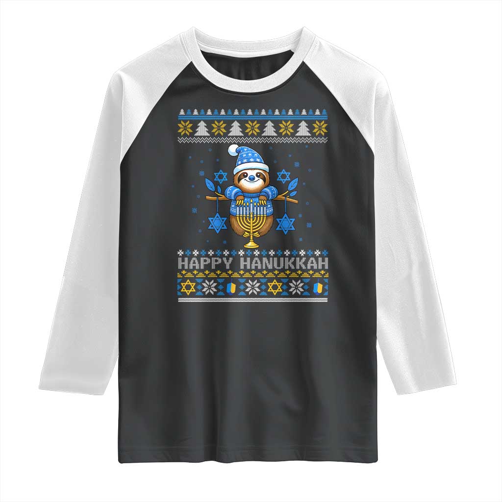 Happy Hanukkah Ugly Sweater Raglan Shirt Funny Sloth Carrying Menorah Jewish Gift TS12 Black White Print Your Wear
