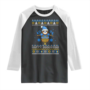 Happy Hanukkah Ugly Sweater Raglan Shirt Funny Sloth Carrying Menorah Jewish Gift TS12 Black White Print Your Wear
