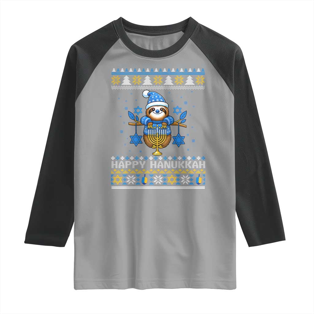 Happy Hanukkah Ugly Sweater Raglan Shirt Funny Sloth Carrying Menorah Jewish Gift TS12 Sport Gray Black Print Your Wear