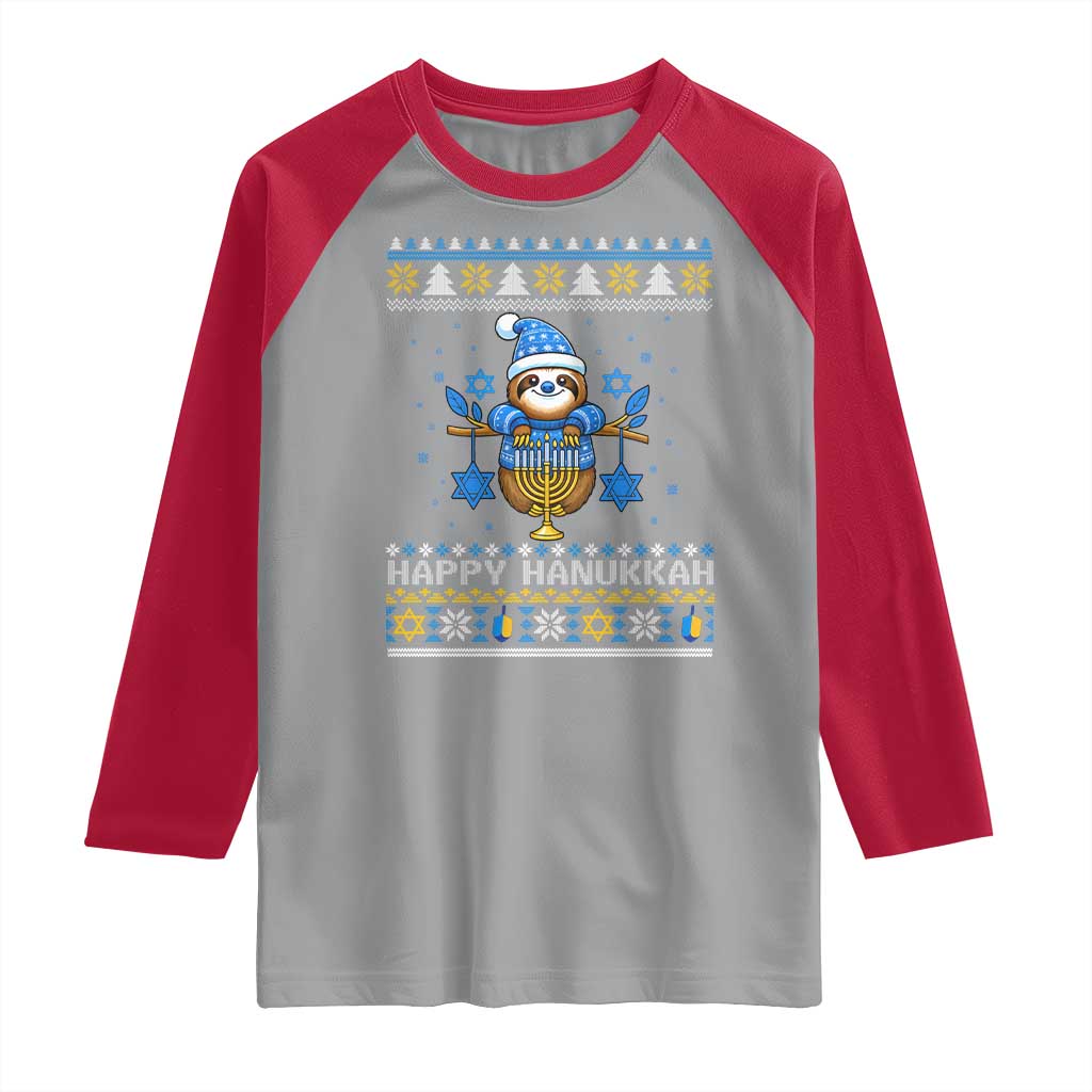 Happy Hanukkah Ugly Sweater Raglan Shirt Funny Sloth Carrying Menorah Jewish Gift TS12 Sport Gray Red Print Your Wear