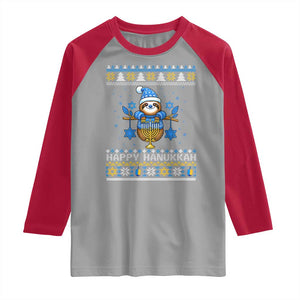 Happy Hanukkah Ugly Sweater Raglan Shirt Funny Sloth Carrying Menorah Jewish Gift TS12 Sport Gray Red Print Your Wear