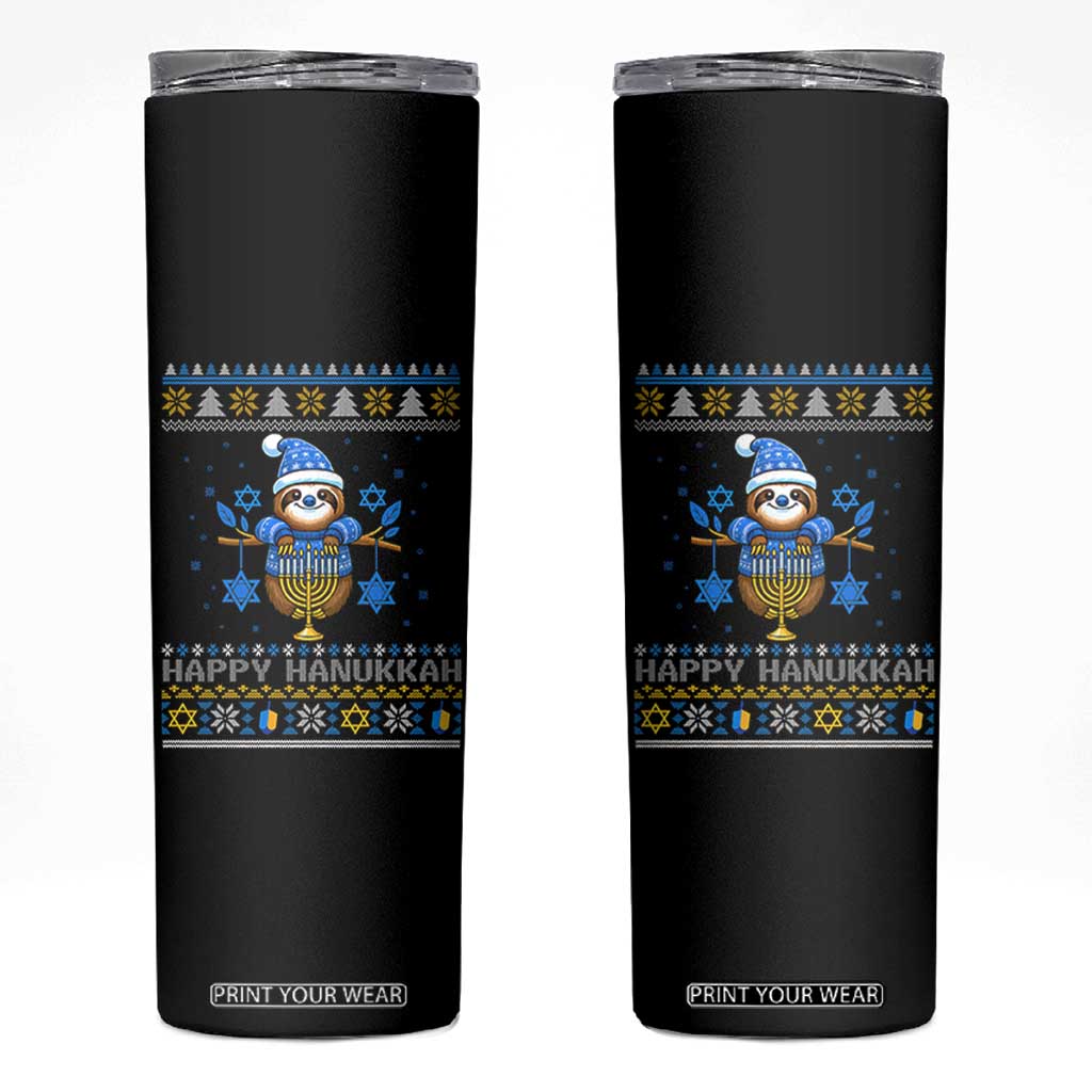 Happy Hanukkah Ugly Sweater Skinny Tumbler Funny Sloth Carrying Menorah Jewish Gift TS12 Black Print Your Wear