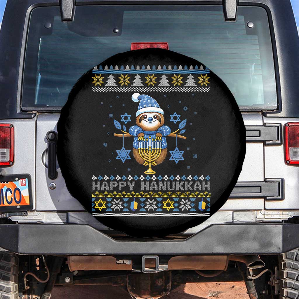 Happy Hanukkah Ugly Sweater Spare Tire Cover Funny Sloth Carrying Menorah Jewish Gift TS12 No hole Black Print Your Wear