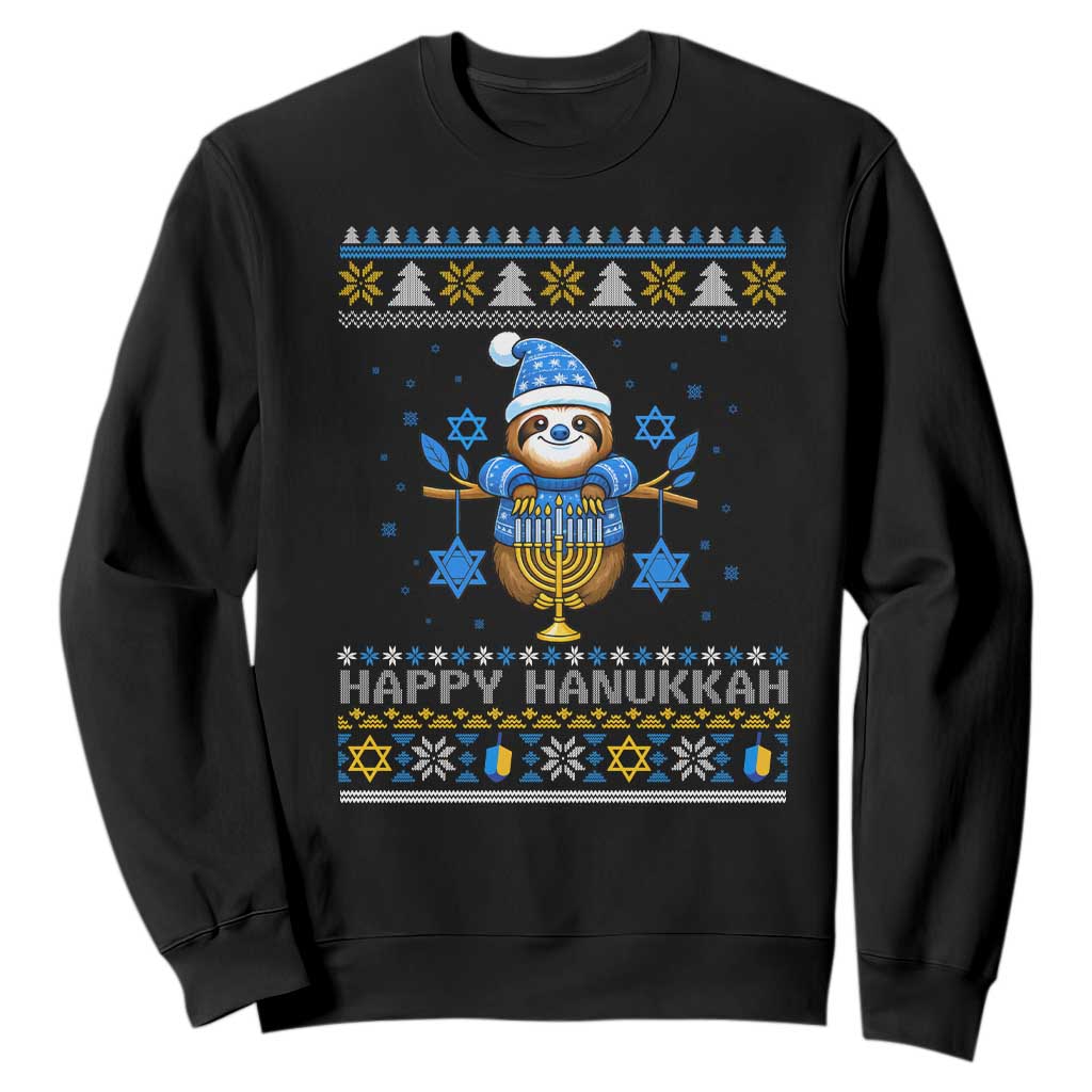 Happy Hanukkah Ugly Sweater Sweatshirt Funny Sloth Carrying Menorah Jewish Gift TS12 Black Print Your Wear