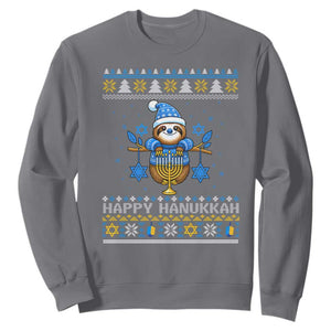 Happy Hanukkah Ugly Sweater Sweatshirt Funny Sloth Carrying Menorah Jewish Gift TS12 Charcoal Print Your Wear