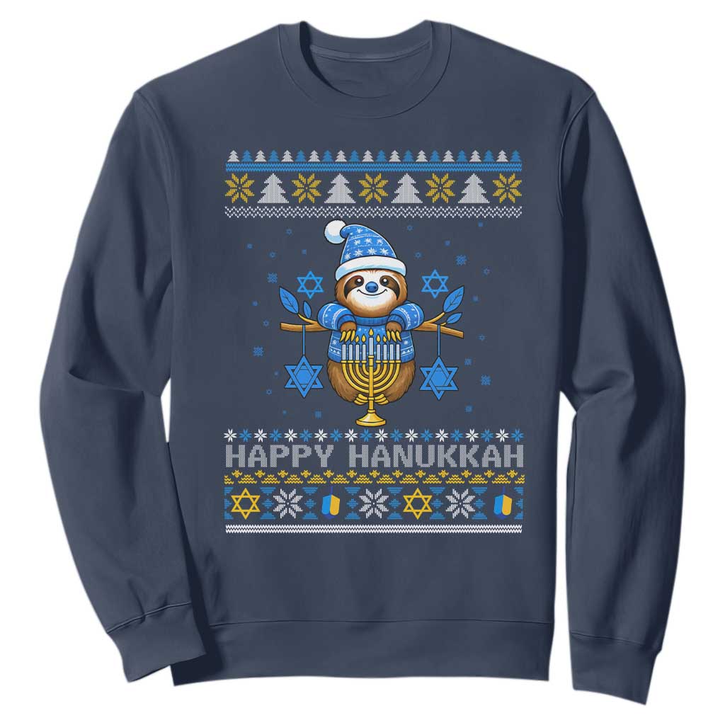 Happy Hanukkah Ugly Sweater Sweatshirt Funny Sloth Carrying Menorah Jewish Gift TS12 Navy Print Your Wear