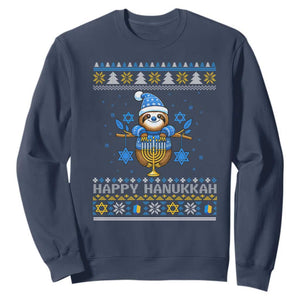 Happy Hanukkah Ugly Sweater Sweatshirt Funny Sloth Carrying Menorah Jewish Gift TS12 Navy Print Your Wear