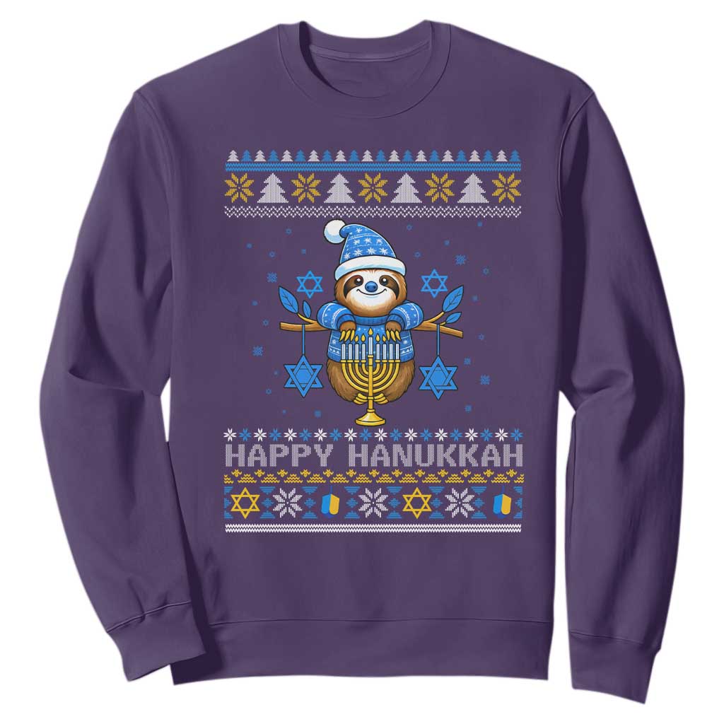 Happy Hanukkah Ugly Sweater Sweatshirt Funny Sloth Carrying Menorah Jewish Gift TS12 Purple Print Your Wear