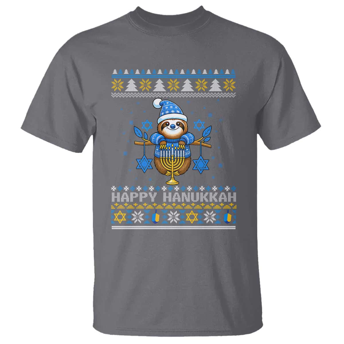 Happy Hanukkah Ugly Sweater T Shirt Funny Sloth Carrying Menorah Jewish Gift TS12 Charcoal Print Your Wear