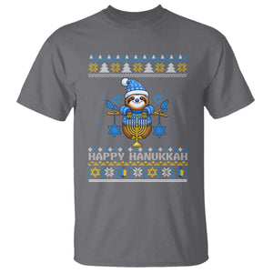 Happy Hanukkah Ugly Sweater T Shirt Funny Sloth Carrying Menorah Jewish Gift TS12 Charcoal Print Your Wear