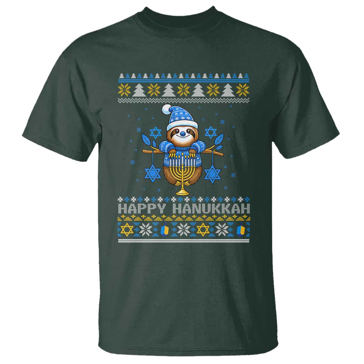 Happy Hanukkah Ugly Sweater T Shirt Funny Sloth Carrying Menorah Jewish Gift TS12 Dark Forest Green Print Your Wear