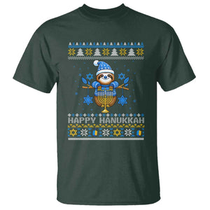 Happy Hanukkah Ugly Sweater T Shirt Funny Sloth Carrying Menorah Jewish Gift TS12 Dark Forest Green Print Your Wear