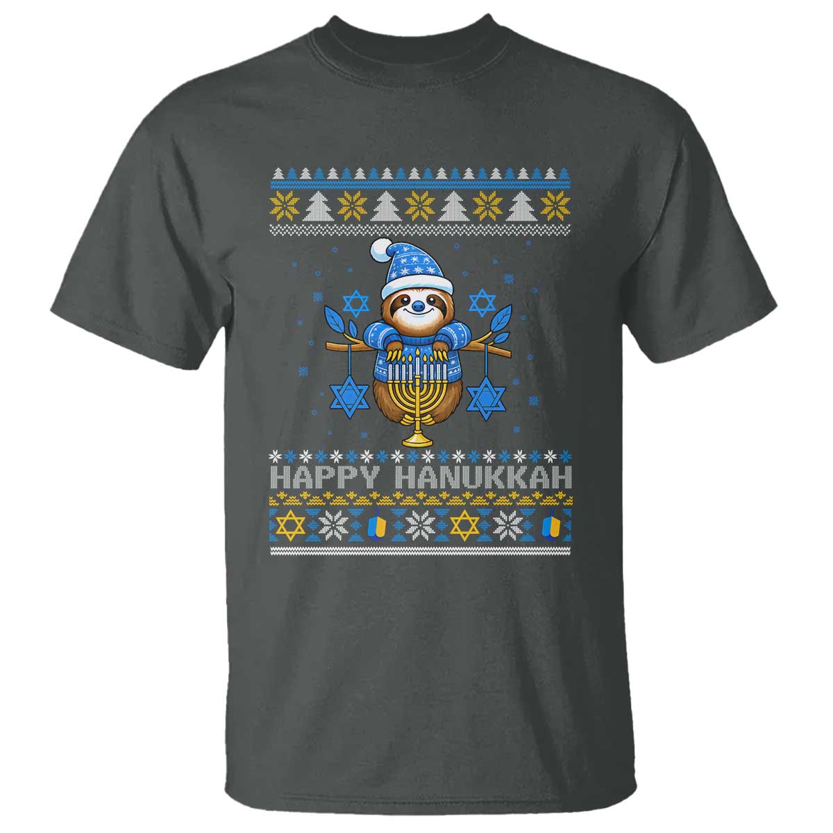 Happy Hanukkah Ugly Sweater T Shirt Funny Sloth Carrying Menorah Jewish Gift TS12 Dark Heather Print Your Wear