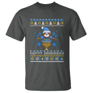 Happy Hanukkah Ugly Sweater T Shirt Funny Sloth Carrying Menorah Jewish Gift TS12 Dark Heather Print Your Wear