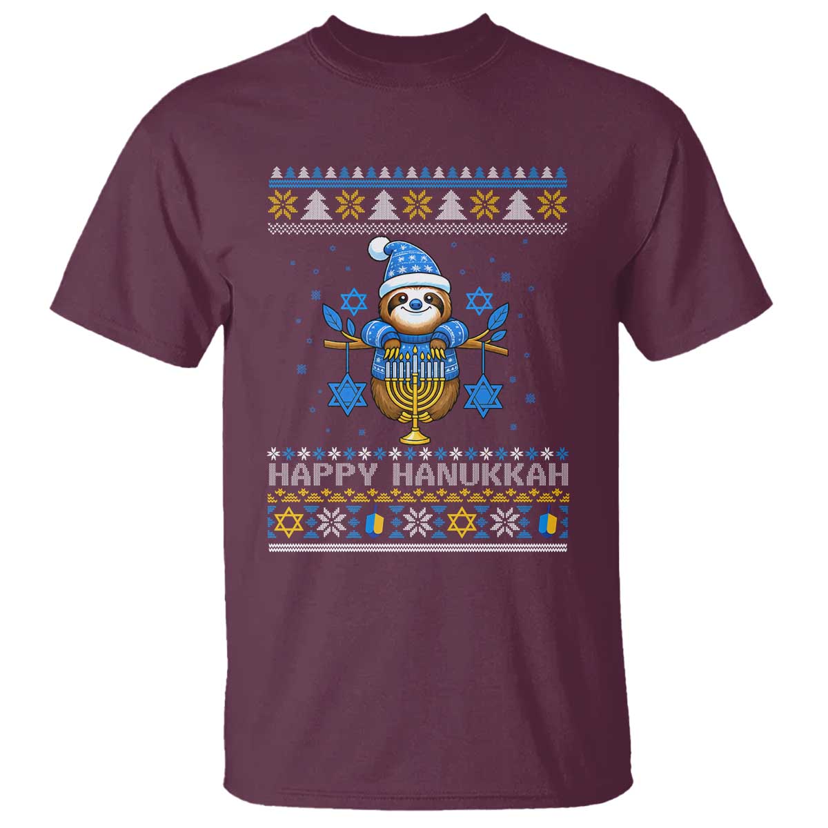 Happy Hanukkah Ugly Sweater T Shirt Funny Sloth Carrying Menorah Jewish Gift TS12 Maroon Print Your Wear