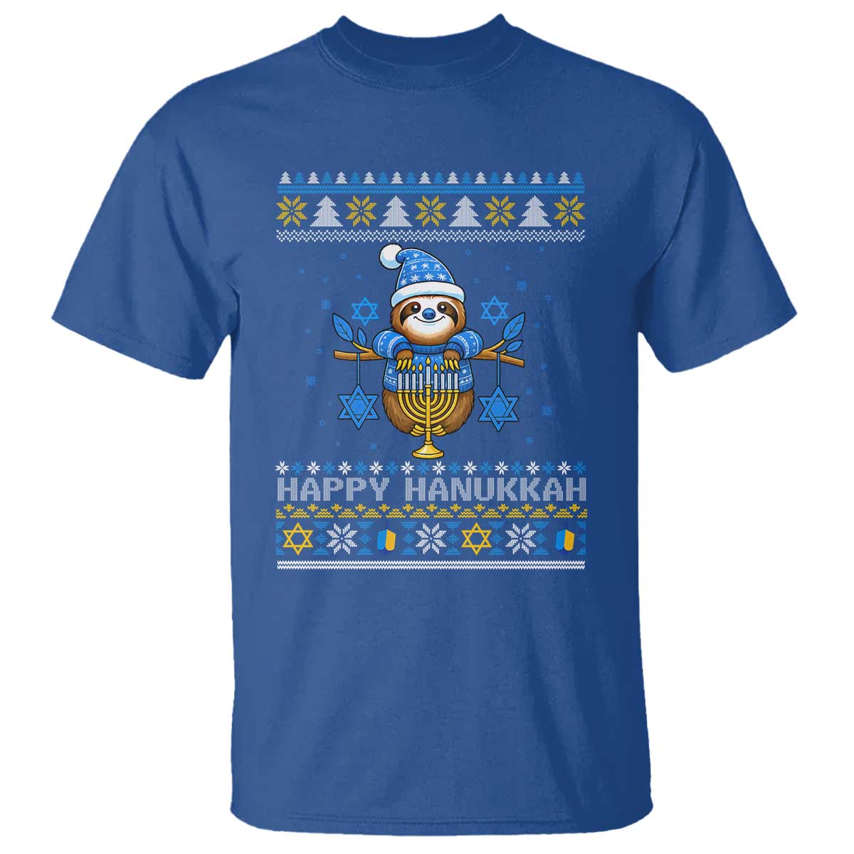 Happy Hanukkah Ugly Sweater T Shirt Funny Sloth Carrying Menorah Jewish Gift TS12 Royal Blue Print Your Wear
