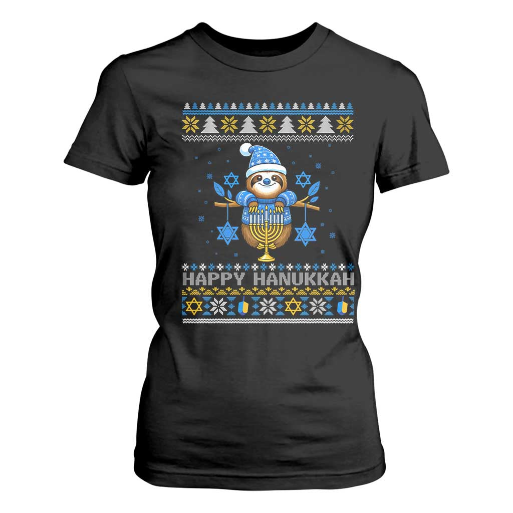 Happy Hanukkah Ugly Sweater T Shirt For Women Funny Sloth Carrying Menorah Jewish Gift TS12 Black Print Your Wear