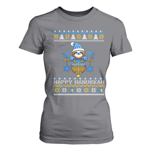 Happy Hanukkah Ugly Sweater T Shirt For Women Funny Sloth Carrying Menorah Jewish Gift TS12 Charcoal Print Your Wear