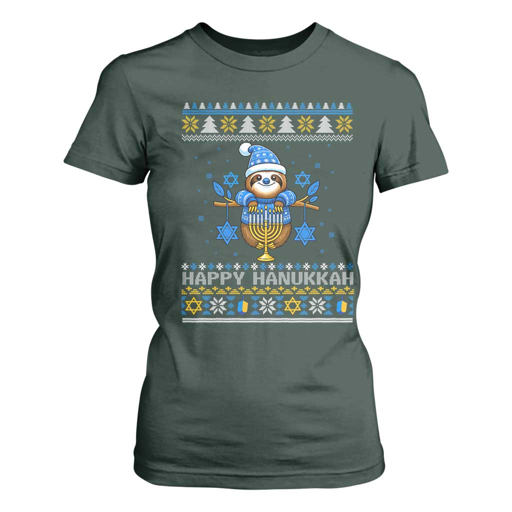 Happy Hanukkah Ugly Sweater T Shirt For Women Funny Sloth Carrying Menorah Jewish Gift TS12 Dark Forest Green Print Your Wear