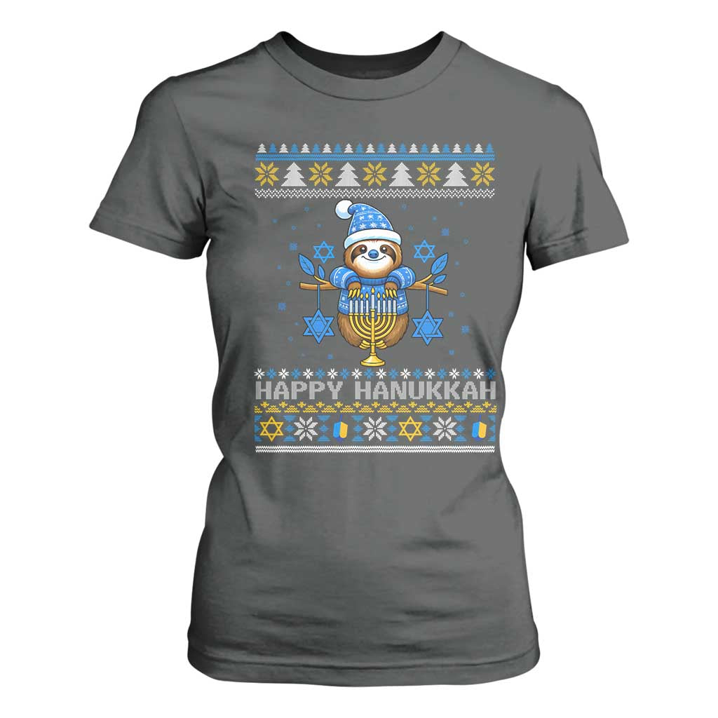 Happy Hanukkah Ugly Sweater T Shirt For Women Funny Sloth Carrying Menorah Jewish Gift TS12 Dark Heather Print Your Wear