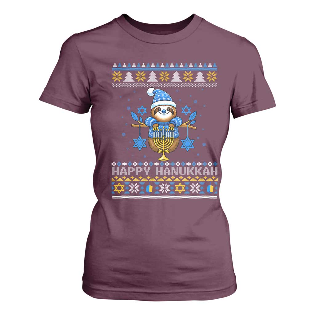 Happy Hanukkah Ugly Sweater T Shirt For Women Funny Sloth Carrying Menorah Jewish Gift TS12 Maroon Print Your Wear