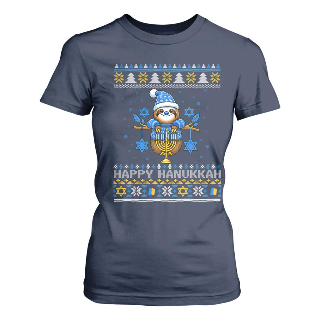 Happy Hanukkah Ugly Sweater T Shirt For Women Funny Sloth Carrying Menorah Jewish Gift TS12 Navy Print Your Wear