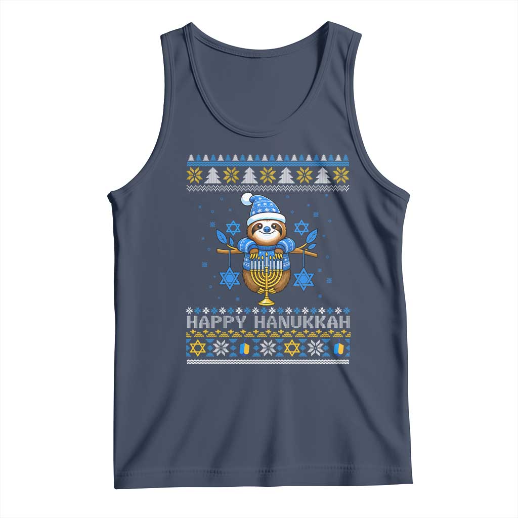 Happy Hanukkah Ugly Sweater Tank Top Funny Sloth Carrying Menorah Jewish Gift TS12 Navy Print Your Wear