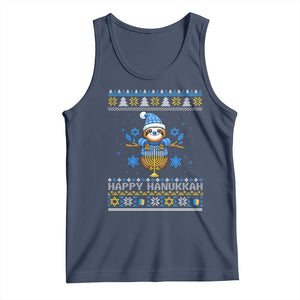 Happy Hanukkah Ugly Sweater Tank Top Funny Sloth Carrying Menorah Jewish Gift TS12 Navy Print Your Wear