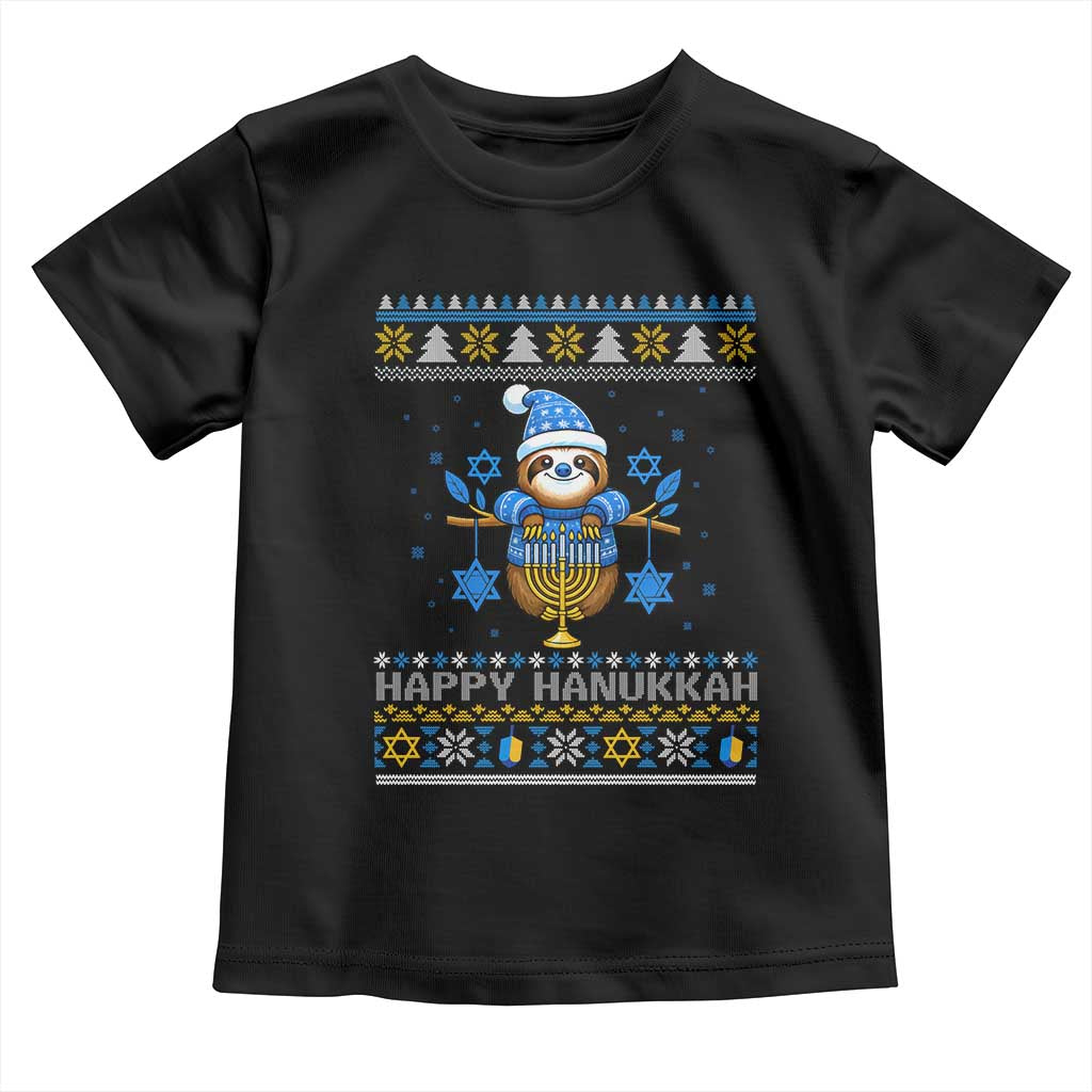 Happy Hanukkah Ugly Sweater Toddler T Shirt Funny Sloth Carrying Menorah Jewish Gift TS12 Black Print Your Wear