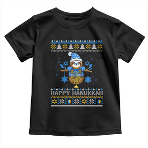 Happy Hanukkah Ugly Sweater Toddler T Shirt Funny Sloth Carrying Menorah Jewish Gift TS12 Black Print Your Wear