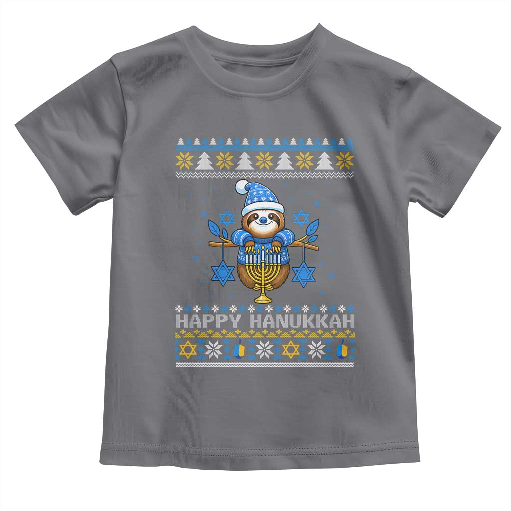 Happy Hanukkah Ugly Sweater Toddler T Shirt Funny Sloth Carrying Menorah Jewish Gift TS12 Charcoal Print Your Wear