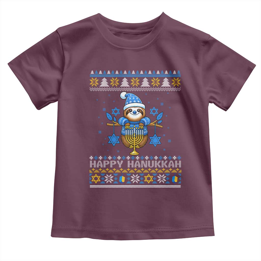 Happy Hanukkah Ugly Sweater Toddler T Shirt Funny Sloth Carrying Menorah Jewish Gift TS12 Maroon Print Your Wear