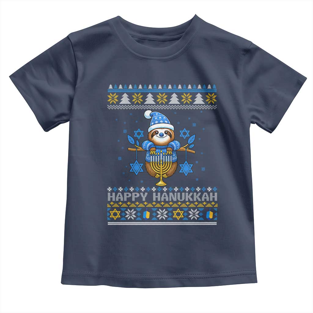 Happy Hanukkah Ugly Sweater Toddler T Shirt Funny Sloth Carrying Menorah Jewish Gift TS12 Navy Print Your Wear