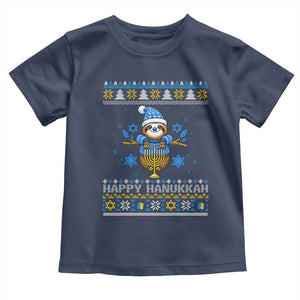Happy Hanukkah Ugly Sweater Toddler T Shirt Funny Sloth Carrying Menorah Jewish Gift TS12 Navy Print Your Wear