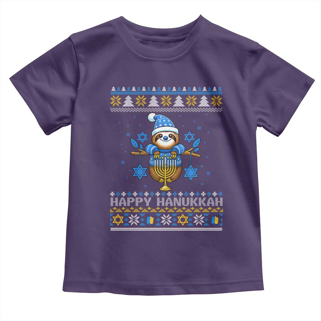 Happy Hanukkah Ugly Sweater Toddler T Shirt Funny Sloth Carrying Menorah Jewish Gift TS12 Purple Print Your Wear