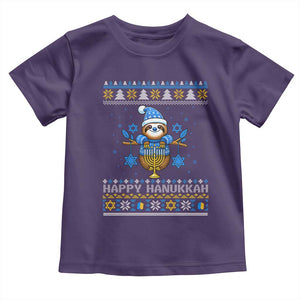 Happy Hanukkah Ugly Sweater Toddler T Shirt Funny Sloth Carrying Menorah Jewish Gift TS12 Purple Print Your Wear